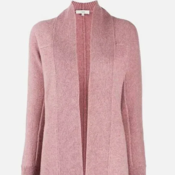 VINCE - Boiled Cashmere Open Rib Trim Cardigan, Heather Mauve, S - Picture 2 of 13